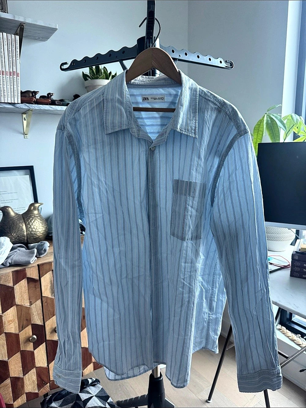ZARA Striped Button Down Shirt in Blue & White